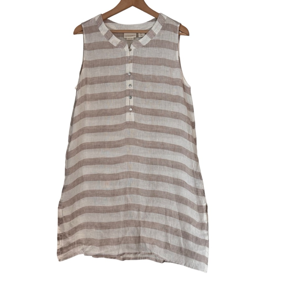 Cynthia Rowley 100% Linen Beige Ivory Stripe Tunic Shirt Size Large Sleeveless